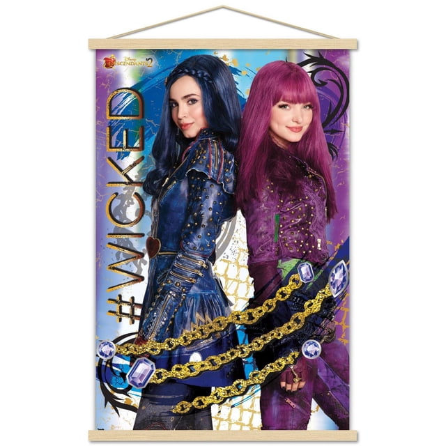 Disney Descendants 2 - Wicked Affiche Murale, 14,725 Po x 22,375 Po Encadrée Présentant Deux Personnages Dos à Dos dans des Vestes en Cuir Bleu et Violet Cloutées avec Chaîne Dorée et accents de Gemmes sur un Fond Abstrait vibrant avec Texte #Wicked, Convient pour art Mural de Chambre Ou de Dortoir.