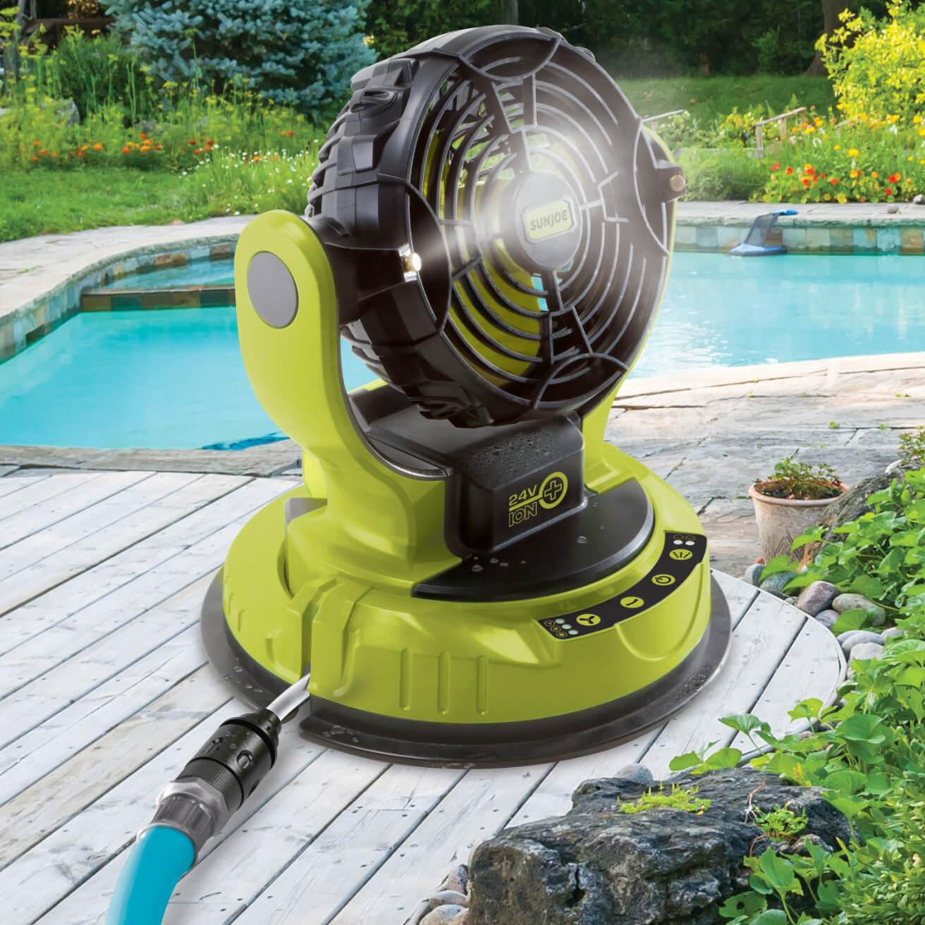 Sun Joe 24V 3-Speed Portable Misting Fan – Rotating Universal Bucket Top Fan with 2.0Ah Battery, Bucket & Hose for Outdoor Cooling