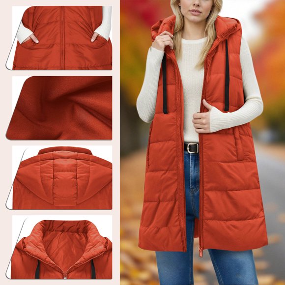 Lekwk Long Quilted Vest Women Hooded Lightweight Zip Up Padded Jackets with Pocket Stand Collar Warm Casual Sleeveless Puffer Jacket Outdoor Trendy Winter Coats 2046