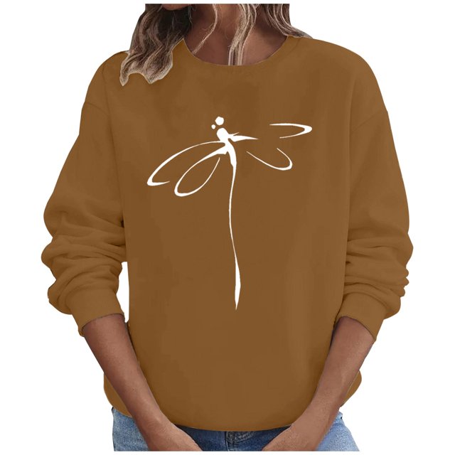 Chemise à Manches Longues pour Femmes Hauts d'Automne Manches Longues Chandail Ample Décontracté Imprimé Poitrine Col Rond Chandails en Molleton Manches Longues pour Femmes