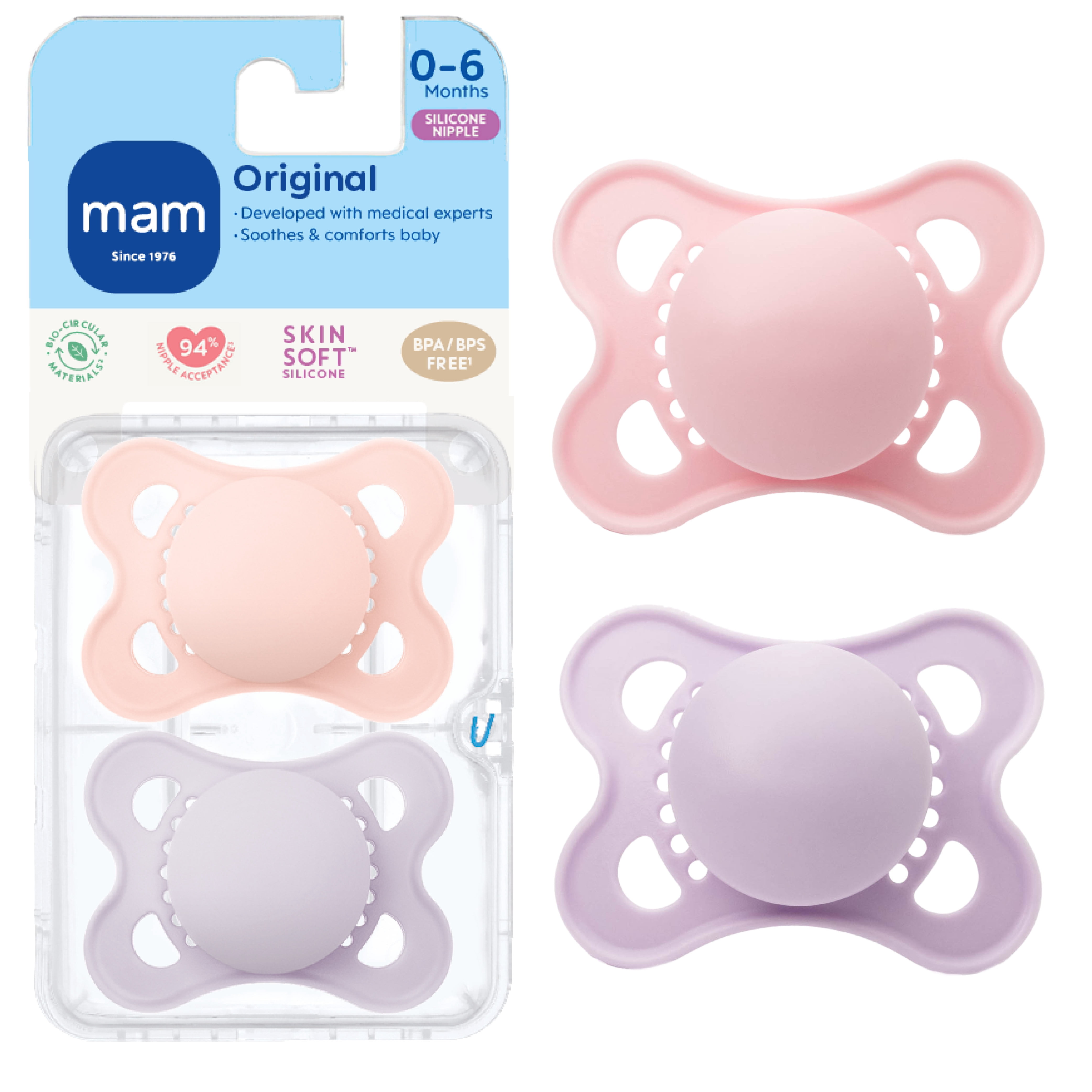 MAM Original Matte Pacifier (2 pack, 1 Sterilizing Pacifier Case), Pacifiers 0-6 Months, Baby Girl Pacifier, Best Pacifiers for Breastfed Babies, Sterilizing Storage Case