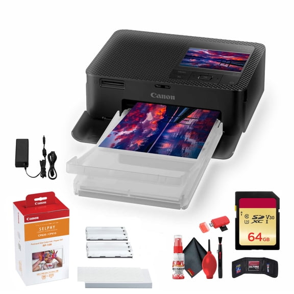 Canon SELPHY CP1500 Photo Printer (Black) + Canon RP-108 Color Ink and Paper Set + More Bundle(International Model)
