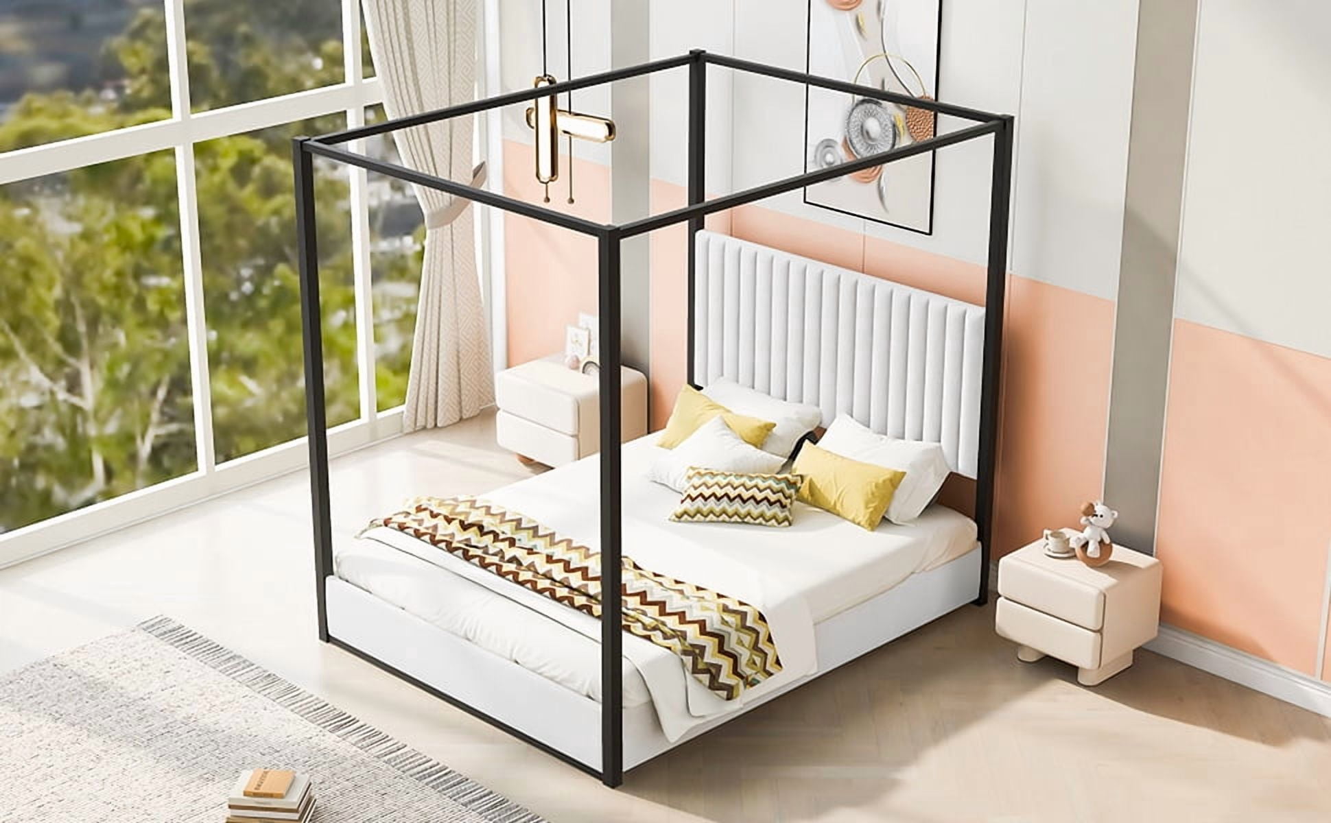 Noble House Queen Size Upholstery Canopy Platform Bed with Headboard and Metal Frame,White