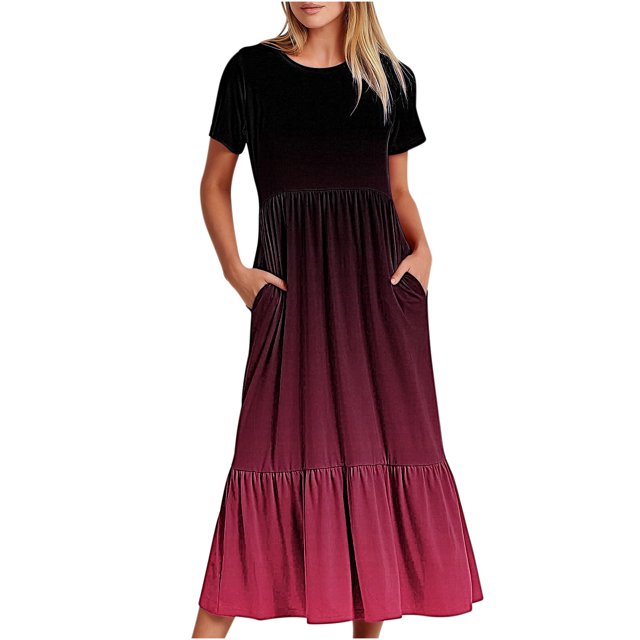 Penkiiy Robe à Manches Courtes pour Femmes à Imprimé Dégradé, Ample, Unie, Décontractée, d'Été, Fluide, à Étages, Longue Maxi avec Poches 2TG Rose