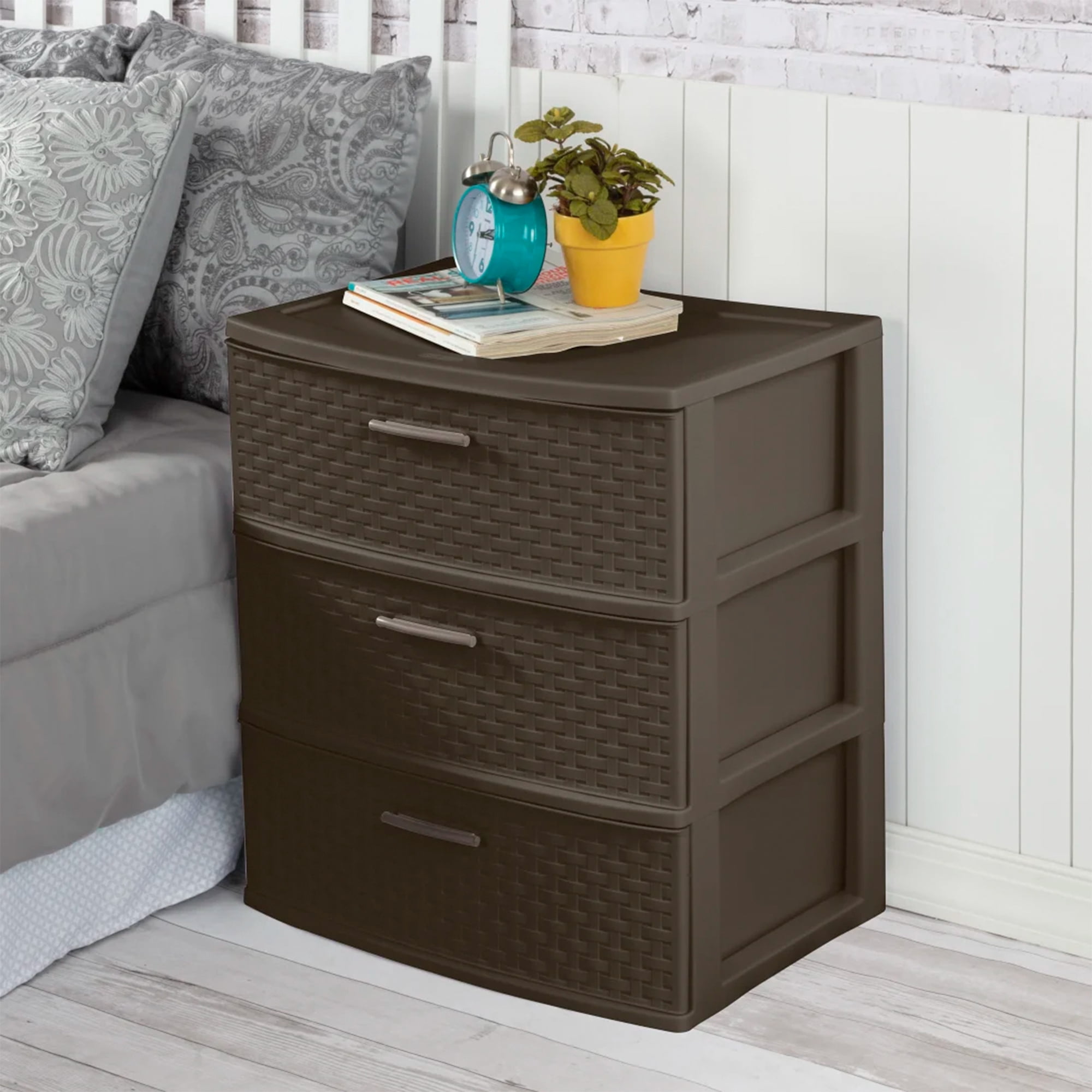 Sterilite 3 Drawer Wide Storage Tower, Plastic Weave Home Organizer, Espresso