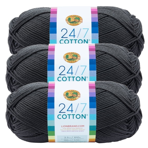 Lion Brand Yarn 24/7 Cotton Charcoal Medium Mercerized Cotton Yarn 3 Pack