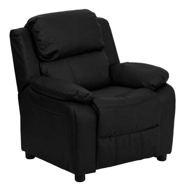 Deluxe Padded Contemporary Black Leather Kids Recliner with Storage Arms