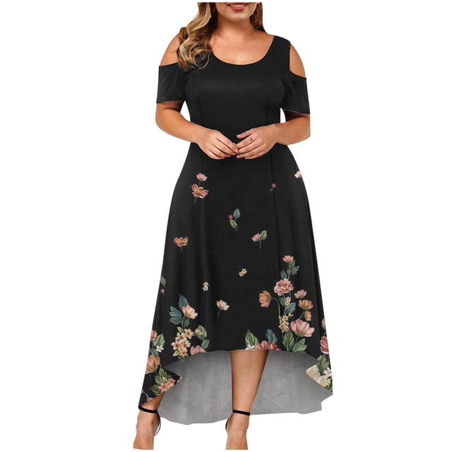 TopLLC Robes d'Été pour Femmes Grande Taille à Manches Courtes Robes Maxi à Fleurs Robe de Soirée à Épaules Dénudées avec Poches Robe Formelle Femme