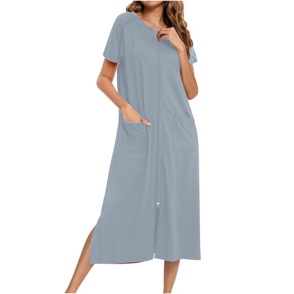 Weiqiqre Summer Pajamas for Women Set Long House Coat Zipper Front Robes Full Length Nightgowns with Pockets Striped Loungewear