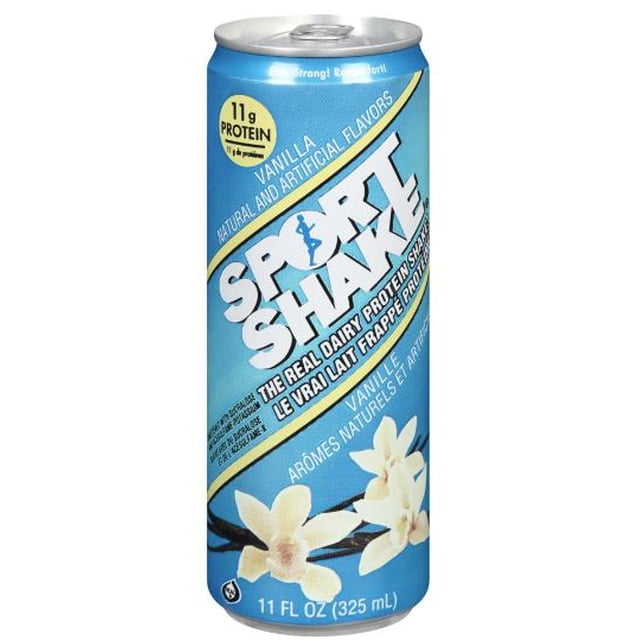 Sport Shake the Real Dairy Protein Shake Vanilla 325 ml can with blue background and vanilla flowers, featuring 11g protein, natural and artificial vanilla flavors, real dairy protein, calcium, and electrolytes to support muscle repair and bone strength, suitable as a meal replacement shake.