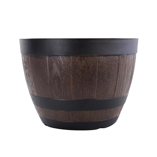 Almencla Indoor Outdoor Barrel Tree Planter Flower Pot 11.3 inch. A rustic-style planter with an imitation wood barrel design, featuring a dark brown textured finish and black bands. Made of lightweight resin, it includes a bottom opening for drainage and breathability, promoting healthy plant growth. Suitable for indoor and outdoor use, it is weather-resistant and ideal for home decor, patios, gardens, and balconies.