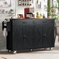 thumbnail image 2 of Farmhouse Kitchen Island,Large Rolling Kitchen Cart on Wheels,Solid Wood Storage Island with Drop Leaf, Spice Rack and Drawer,Power Outlet (Black), 2 of 9