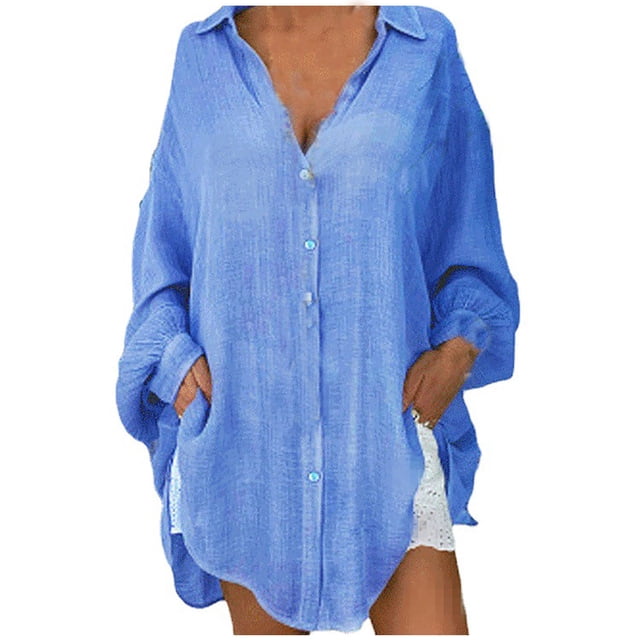 Birdeem Tuniques pour Femmes Amples Décontractées T-Shirt à Col à Revers Dames Manches Longues Blouse à Boucle Hauts