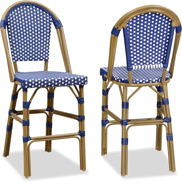 PURPLE LEAF Ensemble de 2 Tabourets de Bar Français d'Extérieur, Fini Imprimé Bambou, Dossier en Rotin Osier, Tabourets de Bar de Patio d'Extérieur Hauteur Comptoir avec Repose-Pieds, Bleu Royal