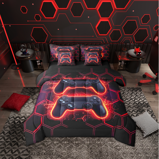 Erosebridal Teens Video Game Bedding Sets Full Size, Gradient Red Honeycomb Bed Sheets Set, Reversible 7-Piece