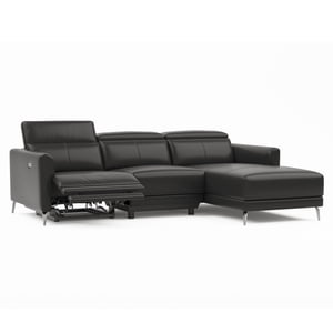 VALENCIA THEATER SEATING Andria Modern Right Hand Facing Top Grain Leather Reclining Sectional Sofa, Electric Power Recliner with USB Charging Port, Black