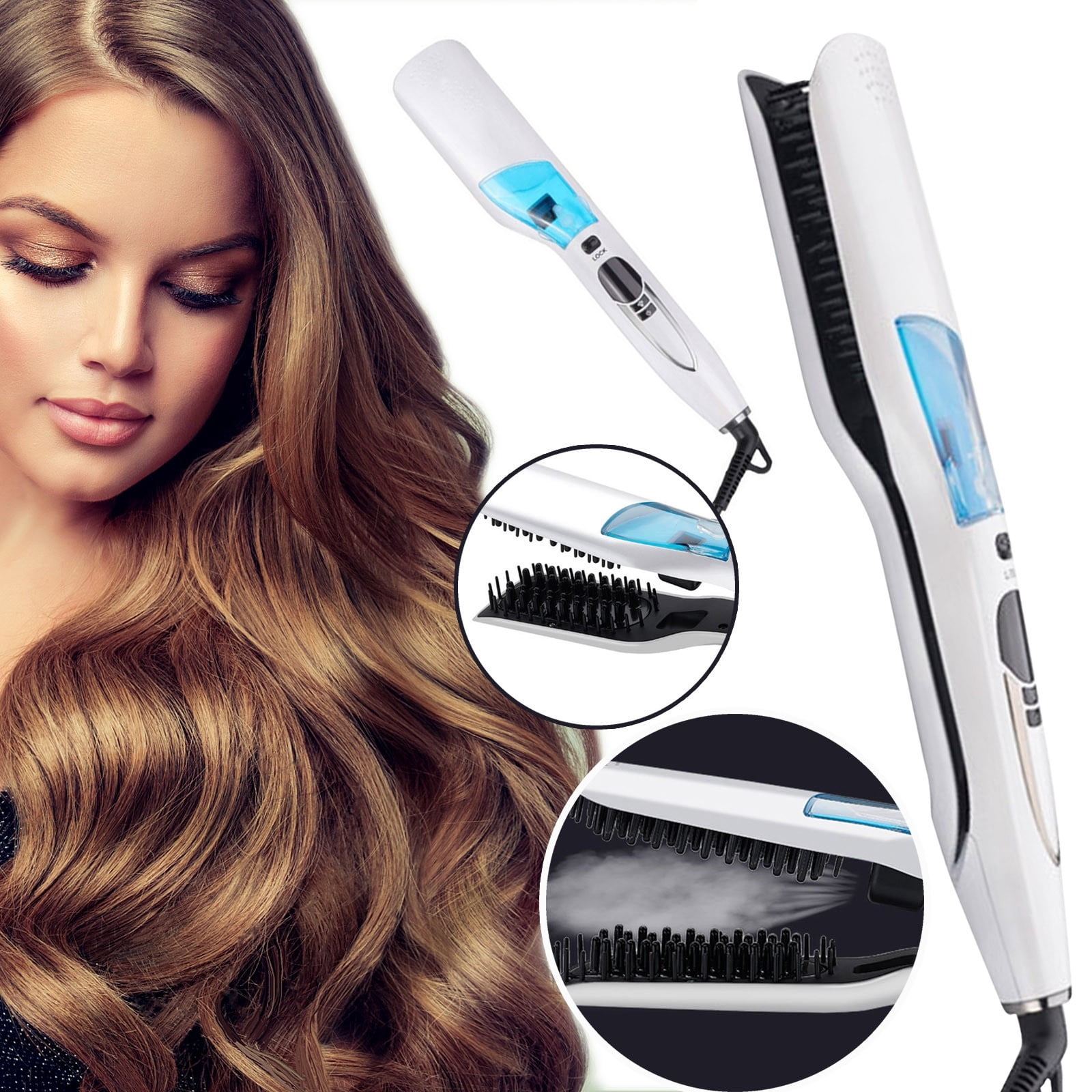 Straight & Curler - Steam Hair Straightener Automatic Ceramic Brush for Effortless Hair Styling Flat Comb with Steam Technology