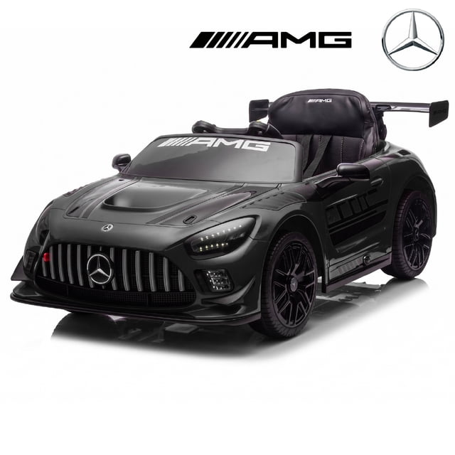 Licensed Mercedes-AMG GT3 24V Kids Ride-On Racing Car with Premium Leather Seat, black 24V motorized track toy for ages 3–8 featuring AMG GT3 styling, eco-leather adjustable seat and safety belt, lockable doors, soft-start and 2.4G parental remote, Bluetooth/USB media, top speed up to 8 km/h; often used as a themed photo prop.