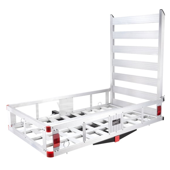 KFFKFF Hitch Cargo Carrier of dimensions 50 x 29.5 x 8.7 inches, with a load-bearing capacity of 500lbs. This Trailer Hitch Mounted Cargo Basket is made of Aluminum and comes with a foldable ramp