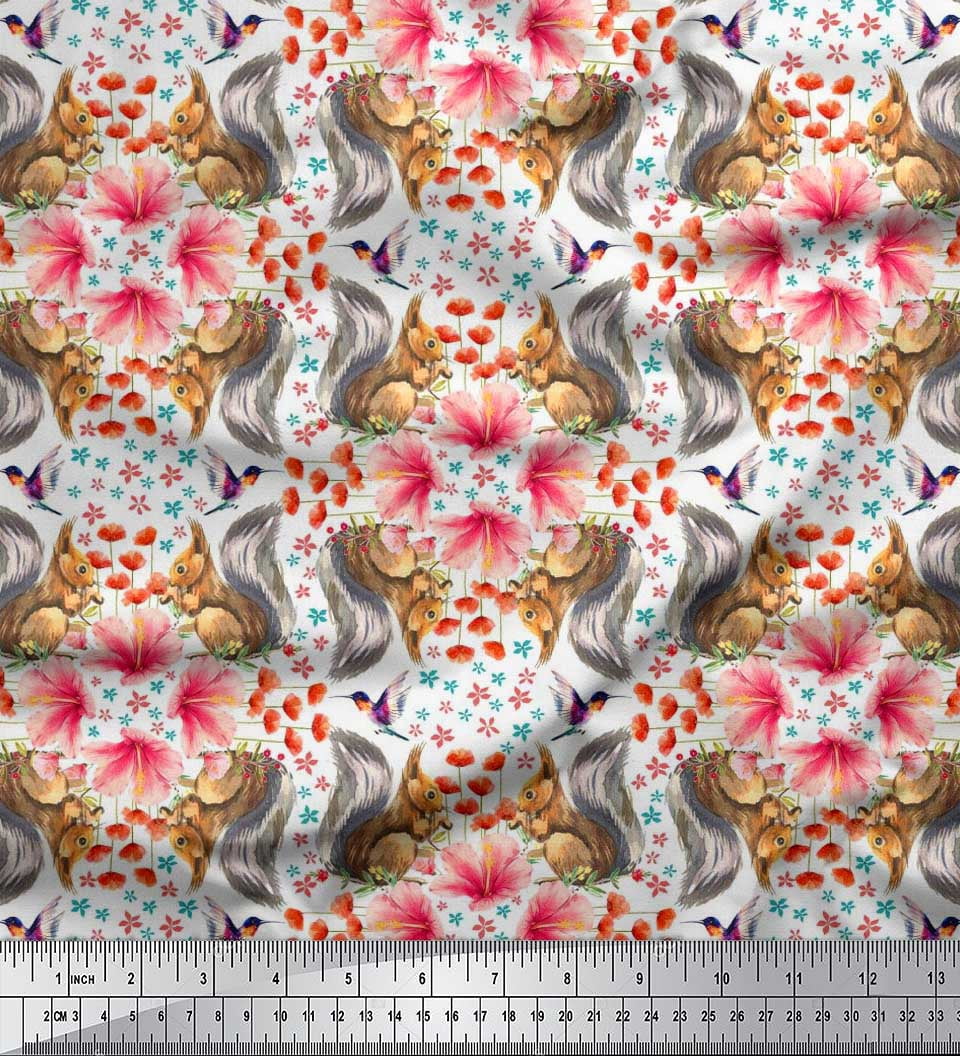Soimoi Cotton Duck Fabric Floral,Hummingbird & Squirrel Animal Printed Craft Fabric by The Yard 56 Inch Wide
