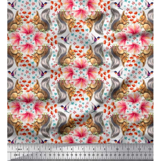 Soimoi Poly Georgette Fabric Floral,Hummingbird & Squirrel Animal Decor Fabric Printed Yard 42 Inch Wide
