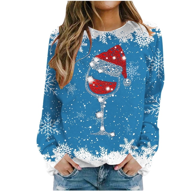 Besolor Chandail à Col Rond de Noël pour Femmes, Imprimé de Verre de Vin, Manches Longues, Chandails Mode, Hauts Graphiques Flocon de Neige