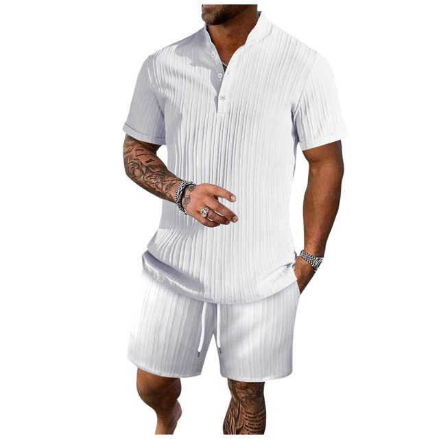 Birdeem Mens Stand Collar Button Blouse Short Sleeve Elastic Waist Lace-Up Lapel Suit