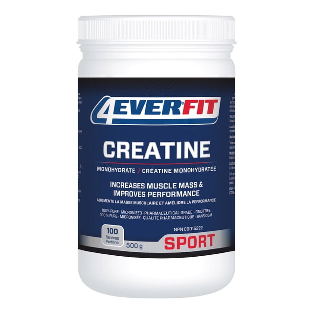 4ever Fit Créatine Monohydrate Contenant de 500 g avec une Étiquette Bleue Présentant un Texte Blanc et Rouge Audacieux. les Mèches Incluent 100 Portions, Non Aromatisé, 100 % Pur, Micronisé et Sans OGM. un Supplément Alimentaire Conçu pour Augmenter la Masse Musculaire et Améliorer la performance Lors d'Activités de Haute Intensité.