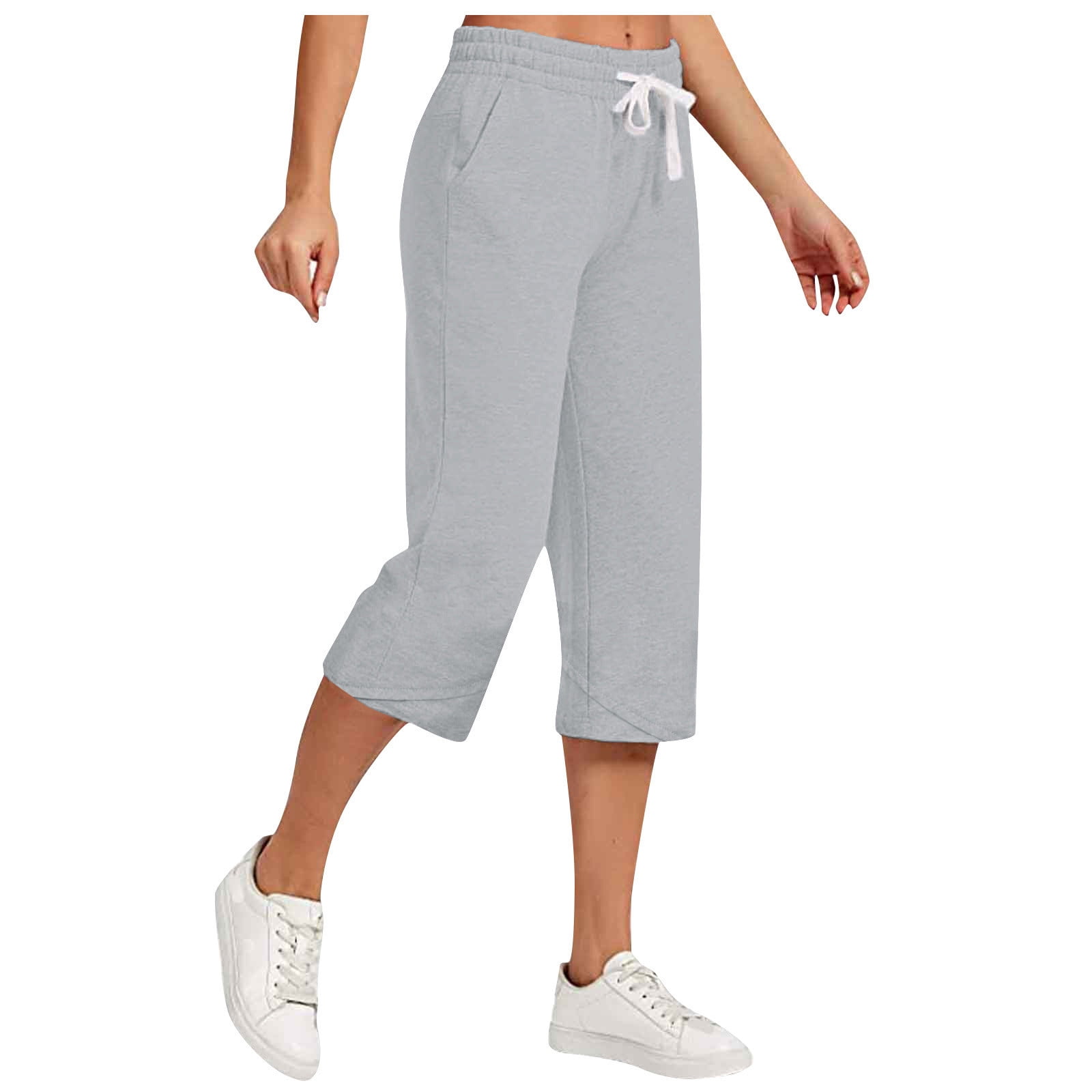 AherBiu Womens Capris for Summer Cotton Linen High Waisted Drawstring Cropped Pants Loose Lounge Capris Trousers
