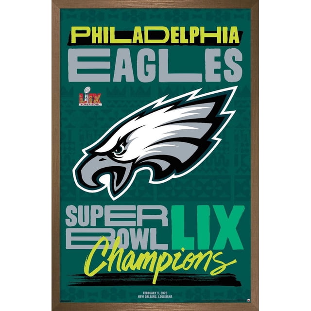 NFL Philadelphia Eagles - Affiche Murale du Logo d'Équipe Super Bowl LIX, 22,375 Pouces x 34 Pouces Encadrée, Affichant un Logo des Eagles Centré Orienté vers l'Avant en Blanc, Gris et Noir sur un Fond à Motif Vert Foncé avec « Philadelphia Eagles » en Lettres Blocs Jaunes et Grises, « Super Bowl LIX Champions » en Écriture Grise et Jaune Vif, et des Détails d'Événement 9 Février 2025, La Nouvelle-Orlé