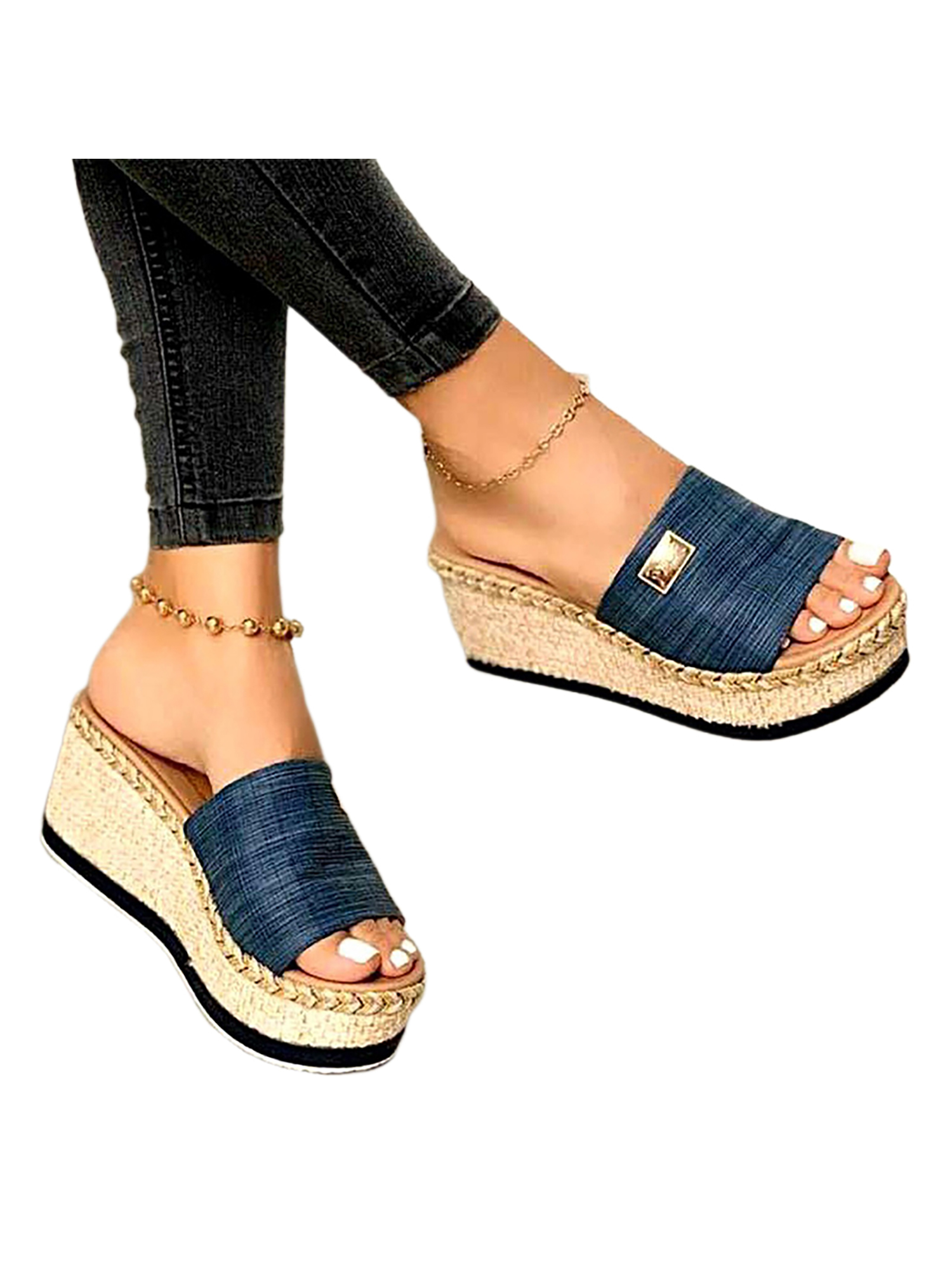 UKAP Ladies Wedge Sandals Platform Slides Backless Slippers Summer Slide Sandal Casual Blue 6