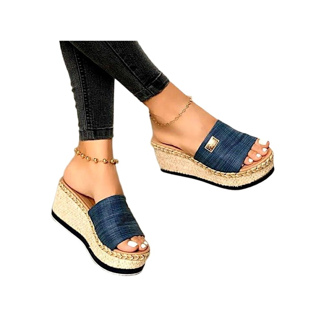 UKAP Ladies Wedge Sandals Platform Slides Backless Slippers Summer Slide Sandal Casual Blue 4.5