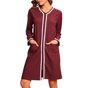 Zipper Robes for Women 3/4 Sleeves Lightweight House Coat Zip Up Bathrobe Soft Nightgown with Pockets Lightweight Long Sleeve Knee Length Pajamas(Wine,L)