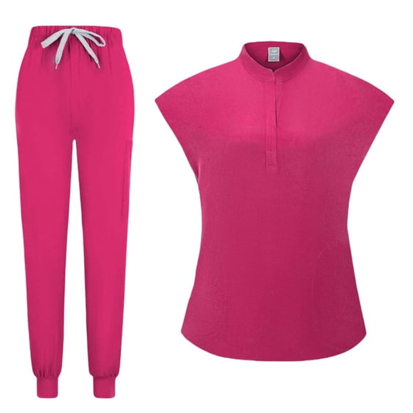 Nurse Working Uniforms Womens 2 Piece Jogger Scrub Set Mock Neck Work Shirts Long Pants Nurse Gifts for Work, Hot Pink, XL