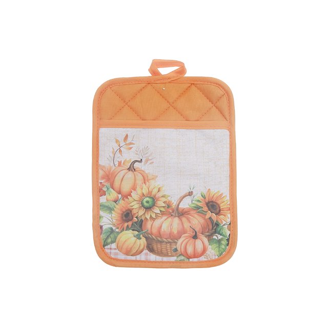 Support de Casserole avec Poche (Citrouille) - Ensemble de 6 Montrant un Support de Casserole Rectangulaire orange Orienté vers l'Avant avec Dessus Matelassé et Boucle de Suspension. le Panneau Principal Présente un Motif de Citrouille et de Tournesol d'Automne sur un Tissu Texturé beige avec Garniture orange. Fabriqué en polyester Résistant à la Chaleur, Il Présente une Poche Intégrée pour une Manipulation Sécuritaire des Batteries de Cuisine Chaudes, Idéal pour l'Automne et l'Action de Grâce en Cuisine et Convient comme accent Décoratif Saisonnier.