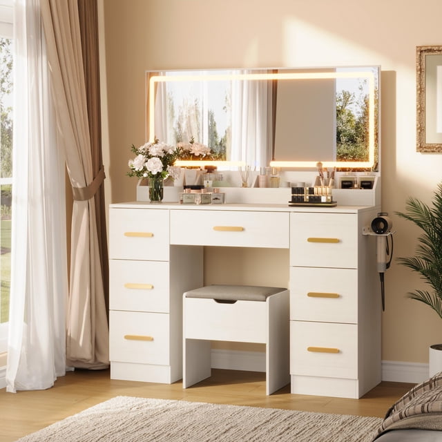 Yiwa Coiffeuse de 45,9 Po avec Modes d'Éclairage Réglables, Grand Miroir et 8 Tiroirs de Rangement