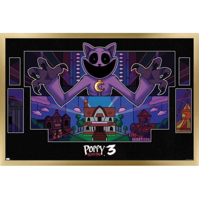 Poppy Playtime: Chapter 3 - Strings Wall Poster, 22.375" x 34" features a centered purple cat-like character with black eyes and mouth, clawed hands reaching forward over a colorful cartoon town with houses, a toy store, and a circus tent, printed on glossy poster paper suitable for wall art and room decor.