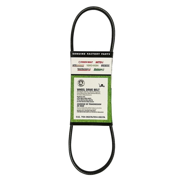 MTD OEM Replacement .38-inch X 31.25-inch Self-Propelled Front Wheel Drive Belt shown looped with a white and green label listing compatibility with MTD, Troy-Bilt, Yard-Man, Huskee, Bolens, and Yard Machines self-propelled front wheel drive lawn mowers, models 445 to 568, ideal as a wheel drive belt for lawn mower parts and accessories.
