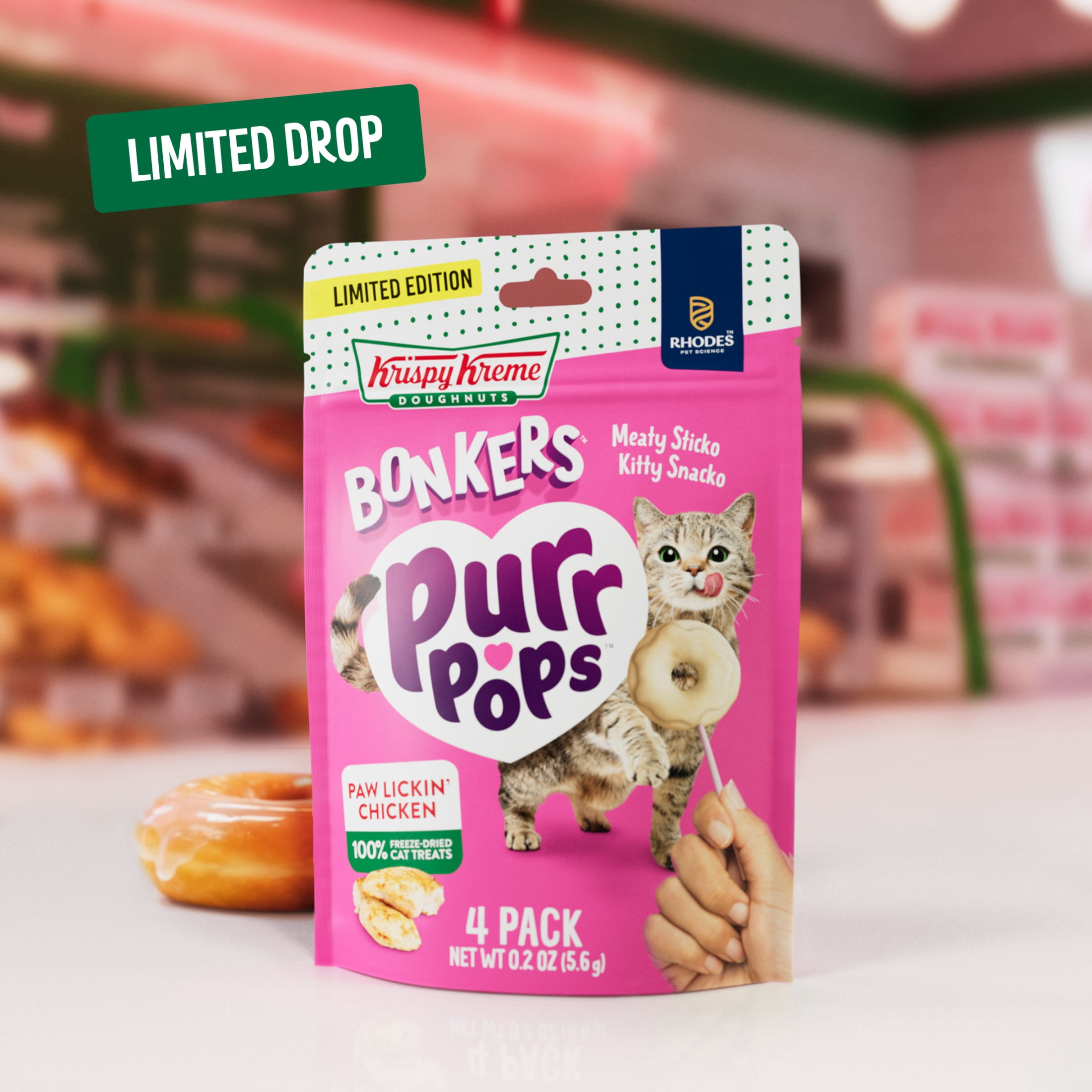 BONKERS Purrpops Krispy Kreme Édition Limitée Gâteries pour Chats en Sucette Lyophilisées à Saveur de Poulet Lot de 4