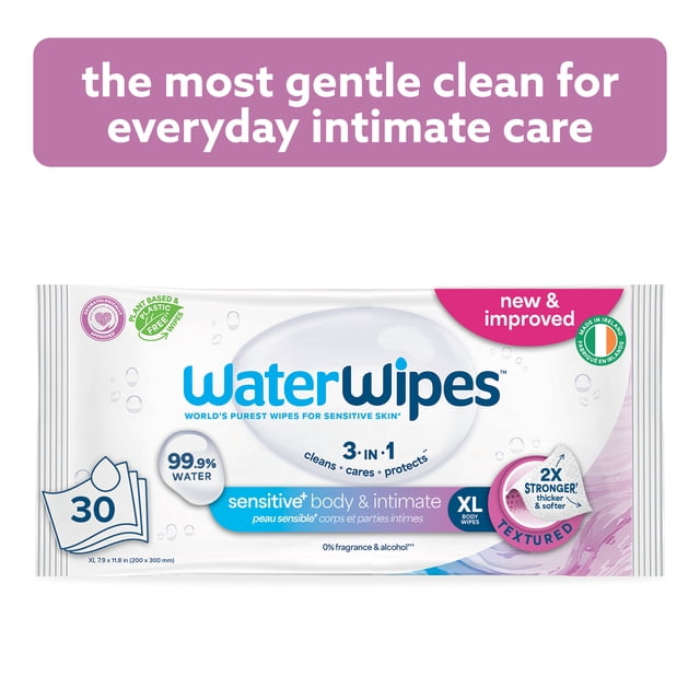 WaterWipes Sensitive+ Body & Intimate Wipes pack with 30 XL textured wipes made from 99.9% purified water and fruit extract, unscented and hypoallergenic for sensitive skin, designed for gentle daily intimate hygiene and skin protection, plant-based and plastic-free.