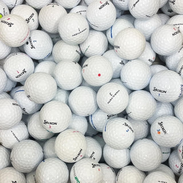 Mulligan - 100 Srixon Mix AAA Recycled Used Golf Balls, white, close-up top-down view of numerous dimpled golf balls with Srixon branding and various printed numbers in red, blue, green, and black, highlighting their eco-friendly recycled quality and suitability for practice by golfers of all skill levels.