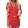thumbnail image 1 of Innerwin T-Shirt à Col en V pour Femme T-Shirt d'Été Couleur Unie Hauts Décontractés Rouge P, 1 of 5