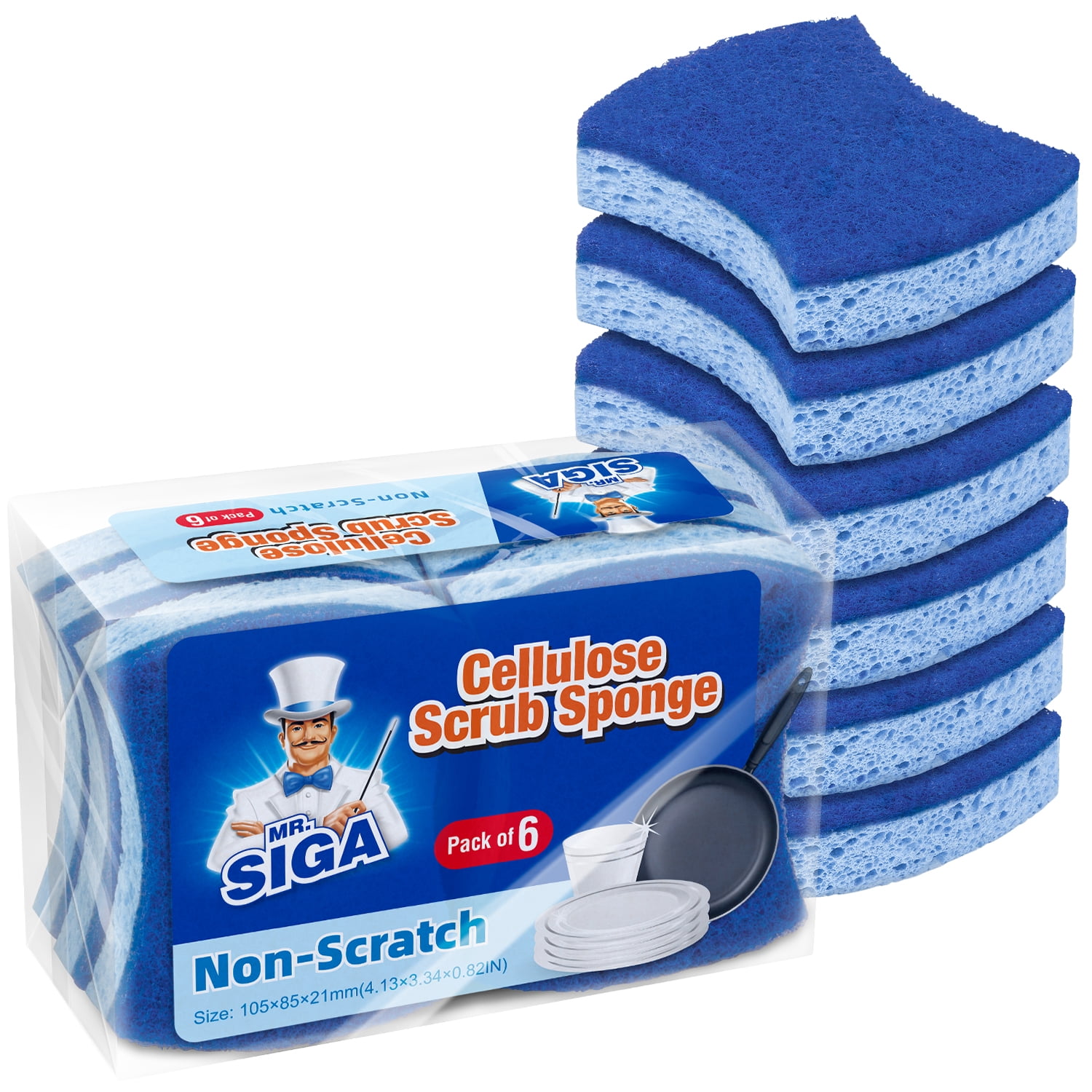 MR. SIGA Non-Scratch Cellulose Scrub Sponge, Dual-Sided Dishwashing Sponge for Kitchen, 12 Pack