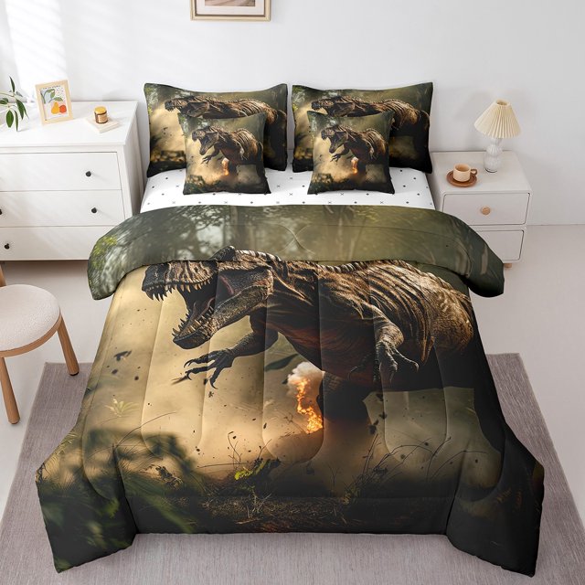 YST Dinosaur 7-Piece Bed in a Bag Comforter Set, King Size – Ancient Animal Theme, Polyester