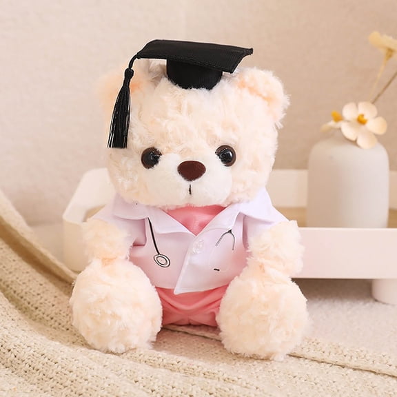 EGNMCR Graduation Bear Student Doctoral Nurse White Khaki Bear Doll Twisted Flower Plush Bear Student Souvenir Khaki Bear Doll