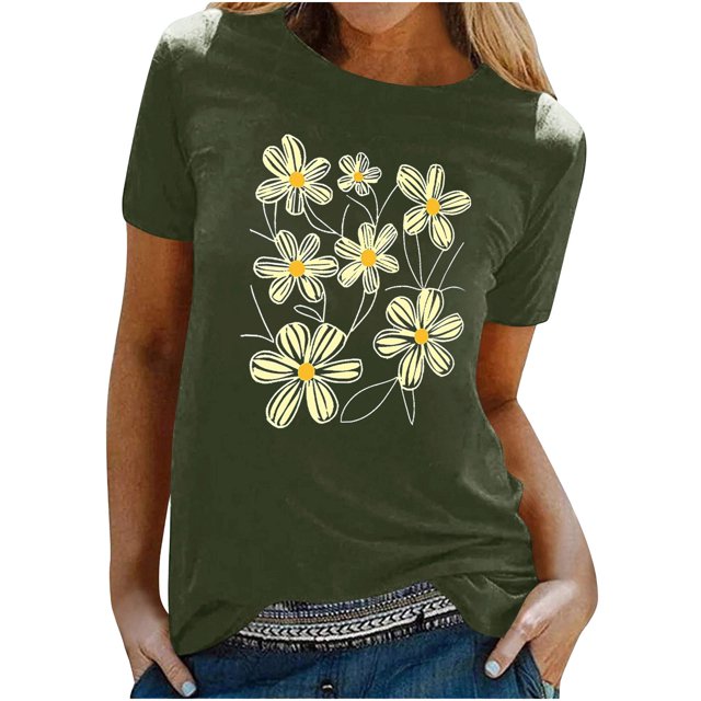 KIHOUT Nouveau Haut de Mode d'Été pour Femmes 2025, T-Shirt à Manches Courtes à Col Rond Décontracté à Imprimé Floral Vert Armée TG