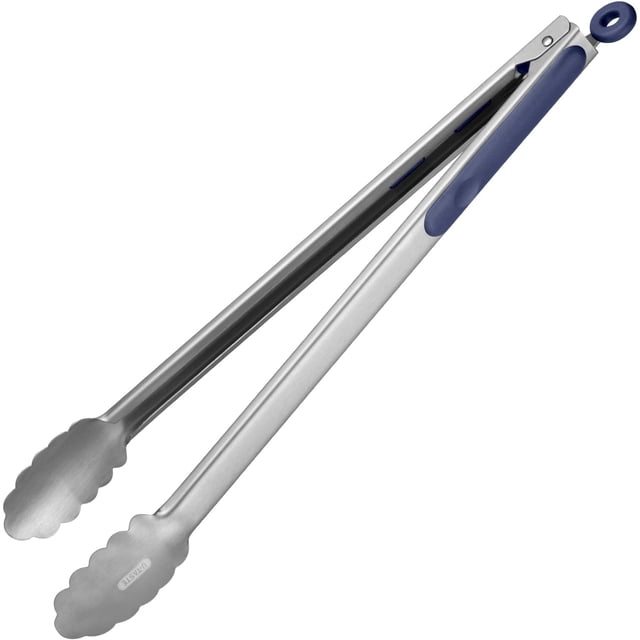 U-Taste Pince de Cuisson Résistante à la Chaleur de 16 Pouces en Acier Inoxydable 18/8 avec Embouts Métalliques Robustes et Poignée en silicone Bleue Antidérapante. Conçue pour la Cuisine, le Gril et le BBQ, Elle Présente des Bords Festonnés pour une Prise Ferme, un Mécanisme de Verrouillage Fluide et un Anneau de Suspension pour un Rangement compact.
