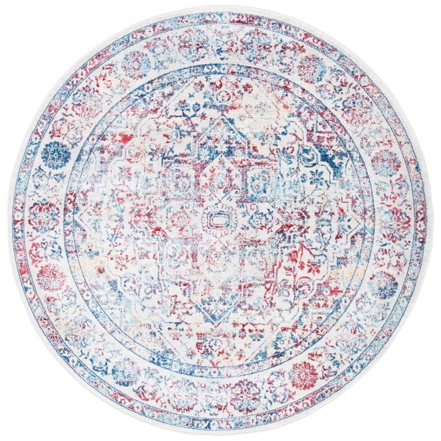 SAFAVIEH Brentwood Jaymz Floral Bordered Area Rug, round with a close cut pile, featuring a faded floral and geometric pattern in red, blue, and cream. Made of durable synthetic yarns, suitable for accenting traditional or transitional home decor.