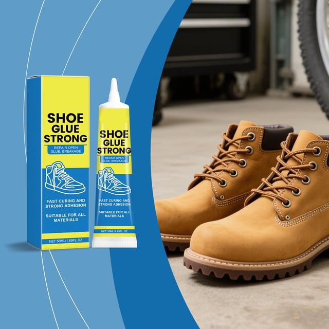 Dvkptbk Shoe Glues Shoe Repair Glue à Forte Adhérence, Imperméable et invisible, Présenté dans un tube de 50 ml à Côté de Son Emballage. Conçu pour l'Entretien et la Réparation des Chaussures, Il Fonctionne sur le Cuir, la Toile, le Caoutchouc et les Matériaux Synthétiques. une Paire de Bottes Beige Est Exposée à Proximité, Mettant en Valeur Sa Polyvalence pour Fixer les Semelles, les Talons et les Interstices.