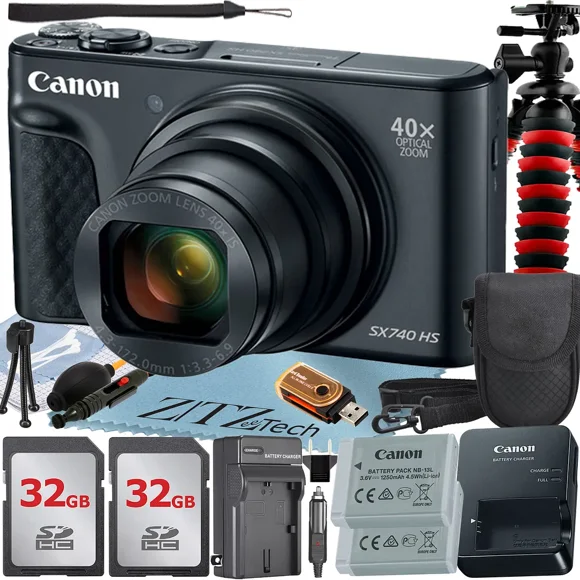 Canon PowerShot SX740 HS Digital Camera (Black) with 2 Pack 32GB Memory Card + Case + Tripod + ZeeTech Professional Bundle
